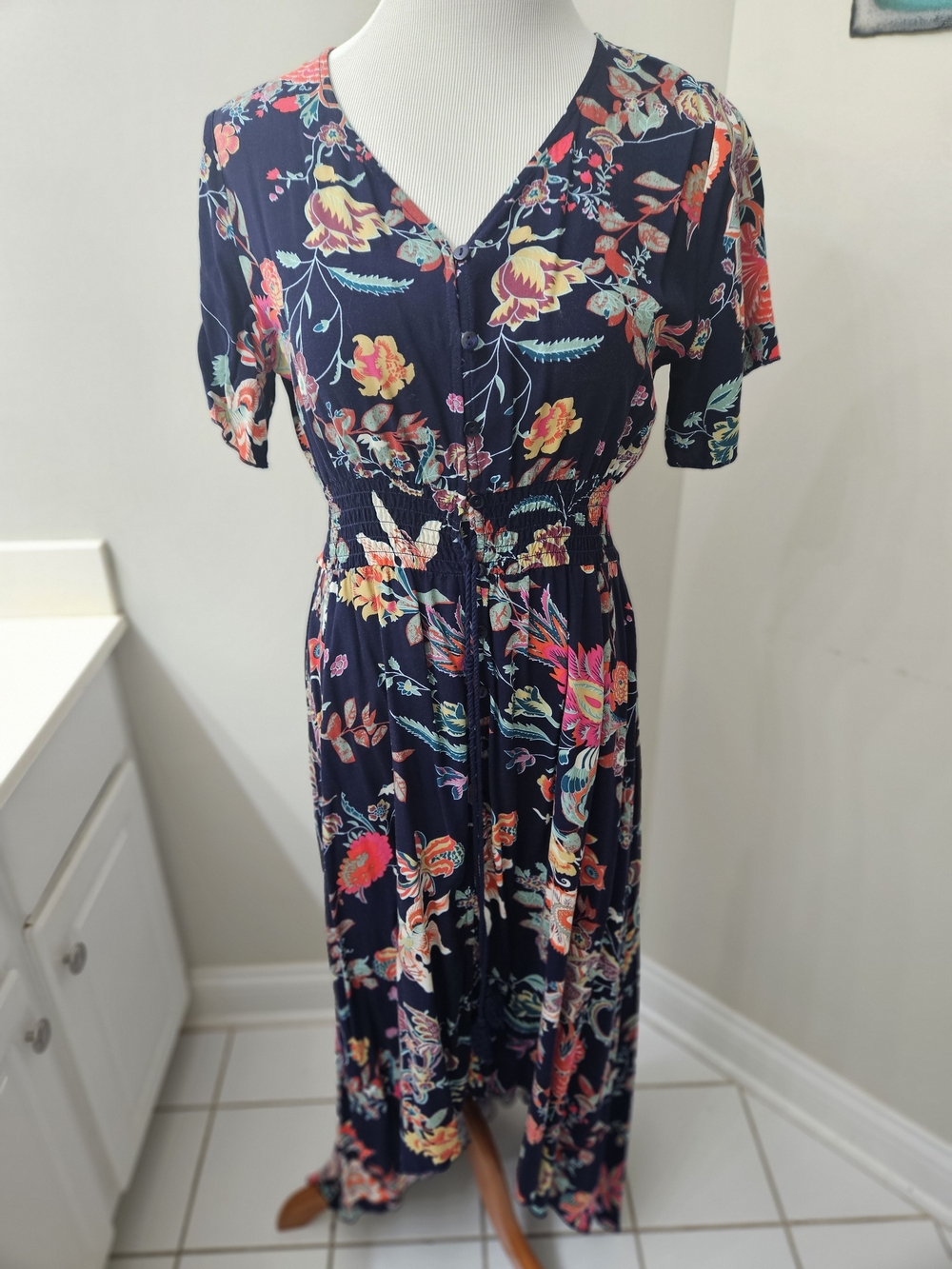 Grace & Lace Navy Floral V-Neck Maxi Dress with Multicolor Blooms